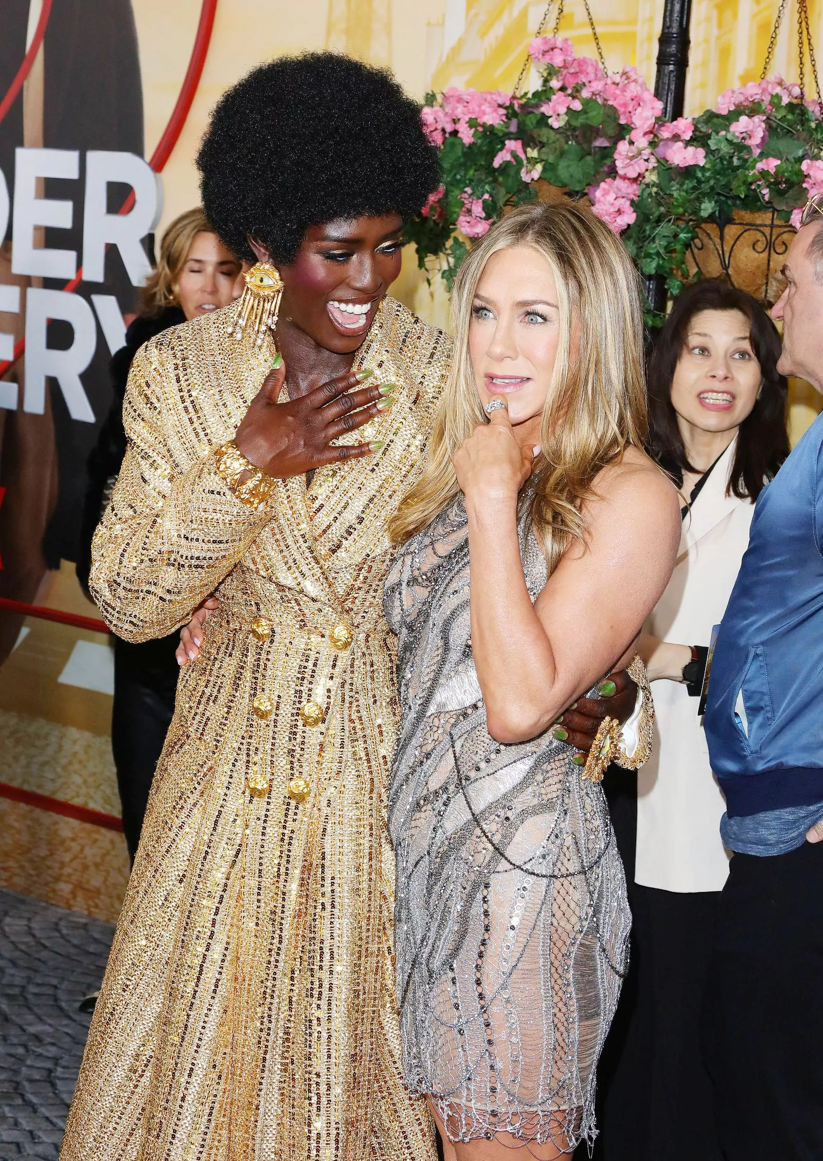 Jodie Turner-Smith and Jennifer Aniston attend the premiere of Murder in Paris in Westwood, March 28, 2023.