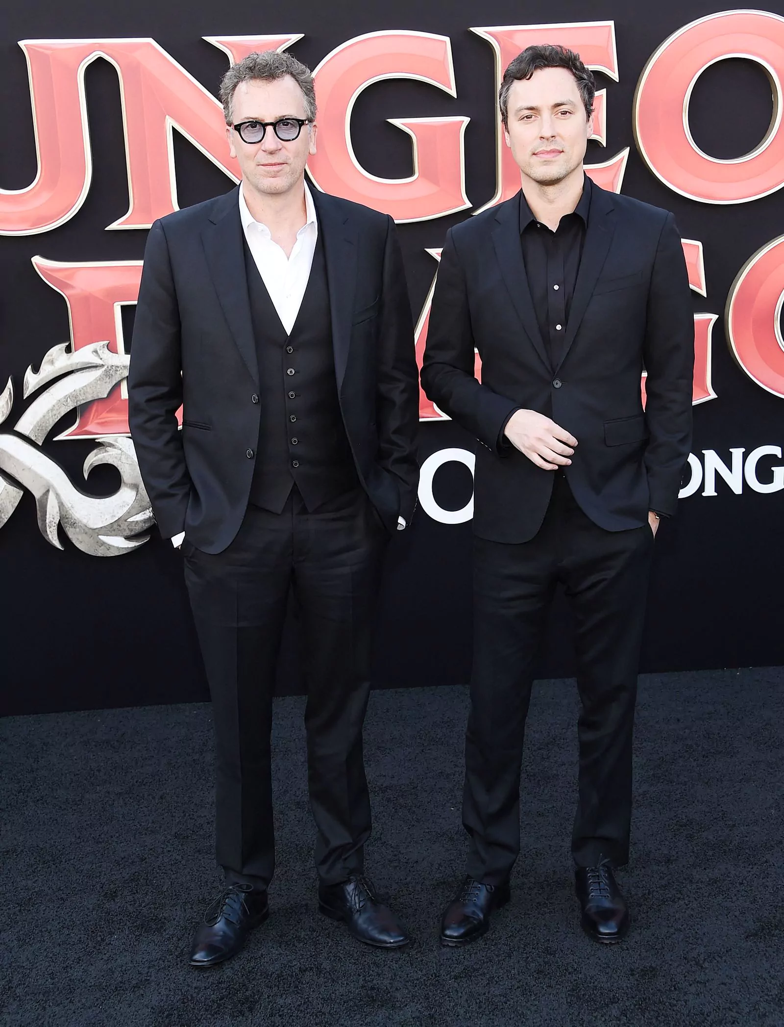 Jonathan Goldstein and John Francis Daley attend the premiere of Dungeons & Dragons: Honor Among Thieves in Los Angeles on March 26, 2023.