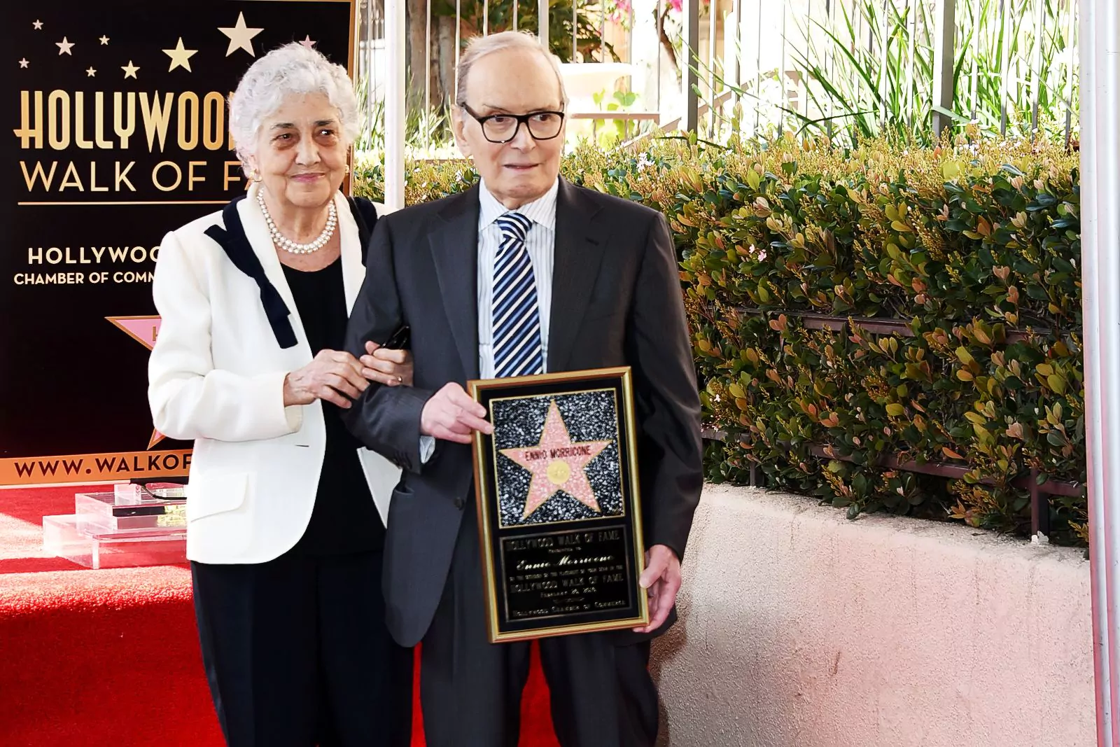 Ennio Morricone and his wife Maria Travia receive a star on the Hollywood Walk of Fame in Los Angeles, February 26, 2016.