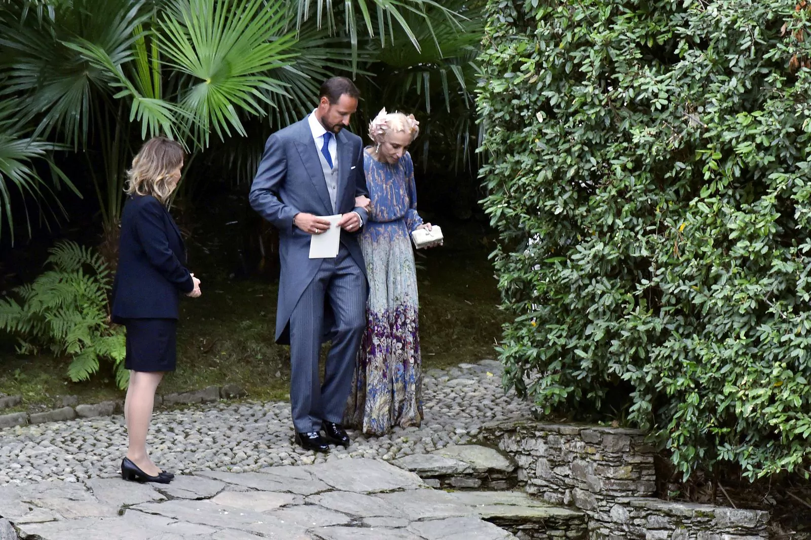 Franca Sozzani and Prince Haakon of Norway arrive for the wedding of Beatrice Borromeo and Pierre Casiraghi on Lake Maggiore, Italy, August 1, 2015.