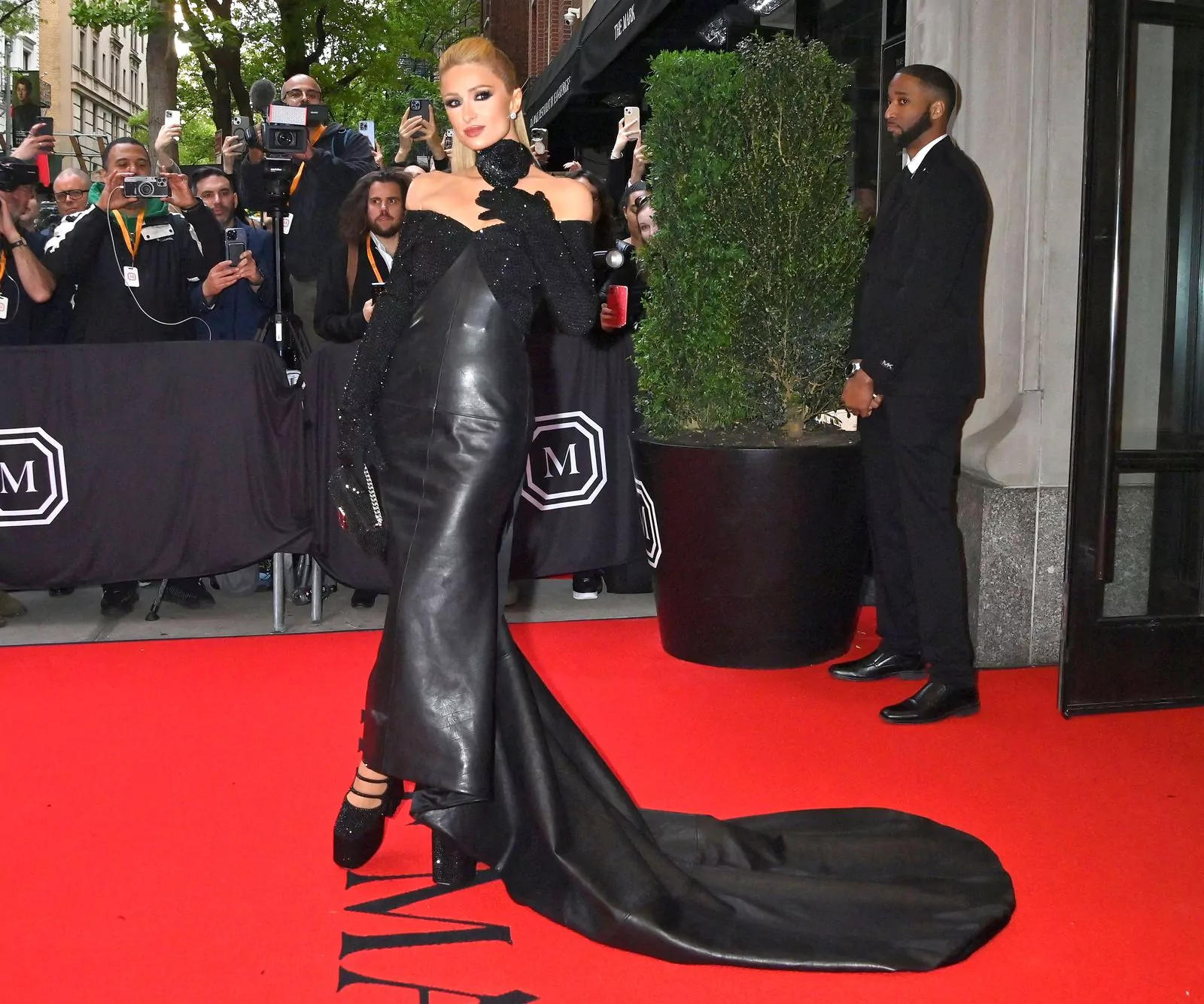 Paris Hilton in Marc Jacobs at the 2023 Met Gala, May 1, 2023. Paris Hilton in Marc Jacobs leaves The Mark Hotel before attending the Costume Institute Ball, May 1, 2023.